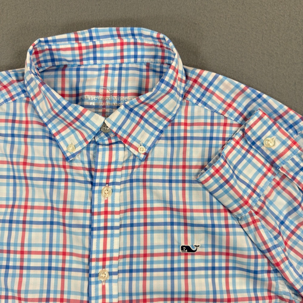 Vineyard Vines Performance Classic Fit Whale Shirt Mens Medium Blue Red Plaid